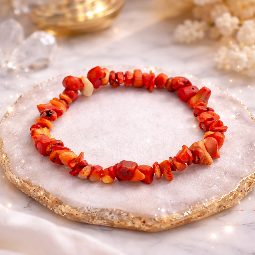 Rotes Korallenarmband aus natürlichen Edelsteinen auf heller Oberfläche mit goldenen Akzenten
