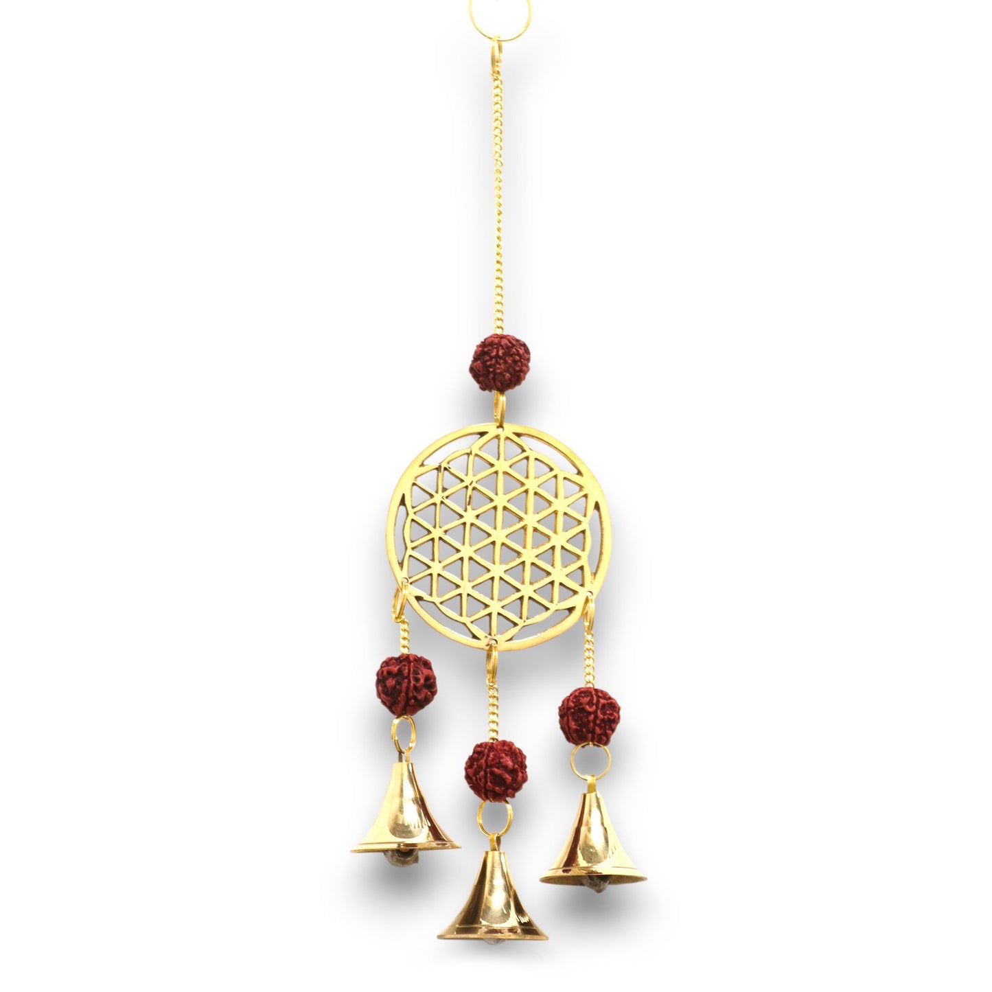 Blume des Lebens Klangspiel mit Rudraksha Perlen – Messing Windspiel mit 3 Glocken