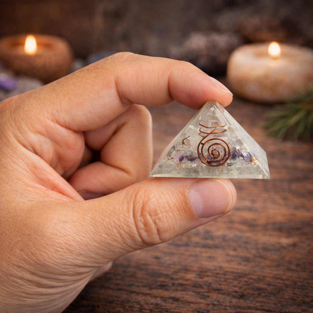 Detailaufnahme Orgonit Pyramide mit Metall und Steinen