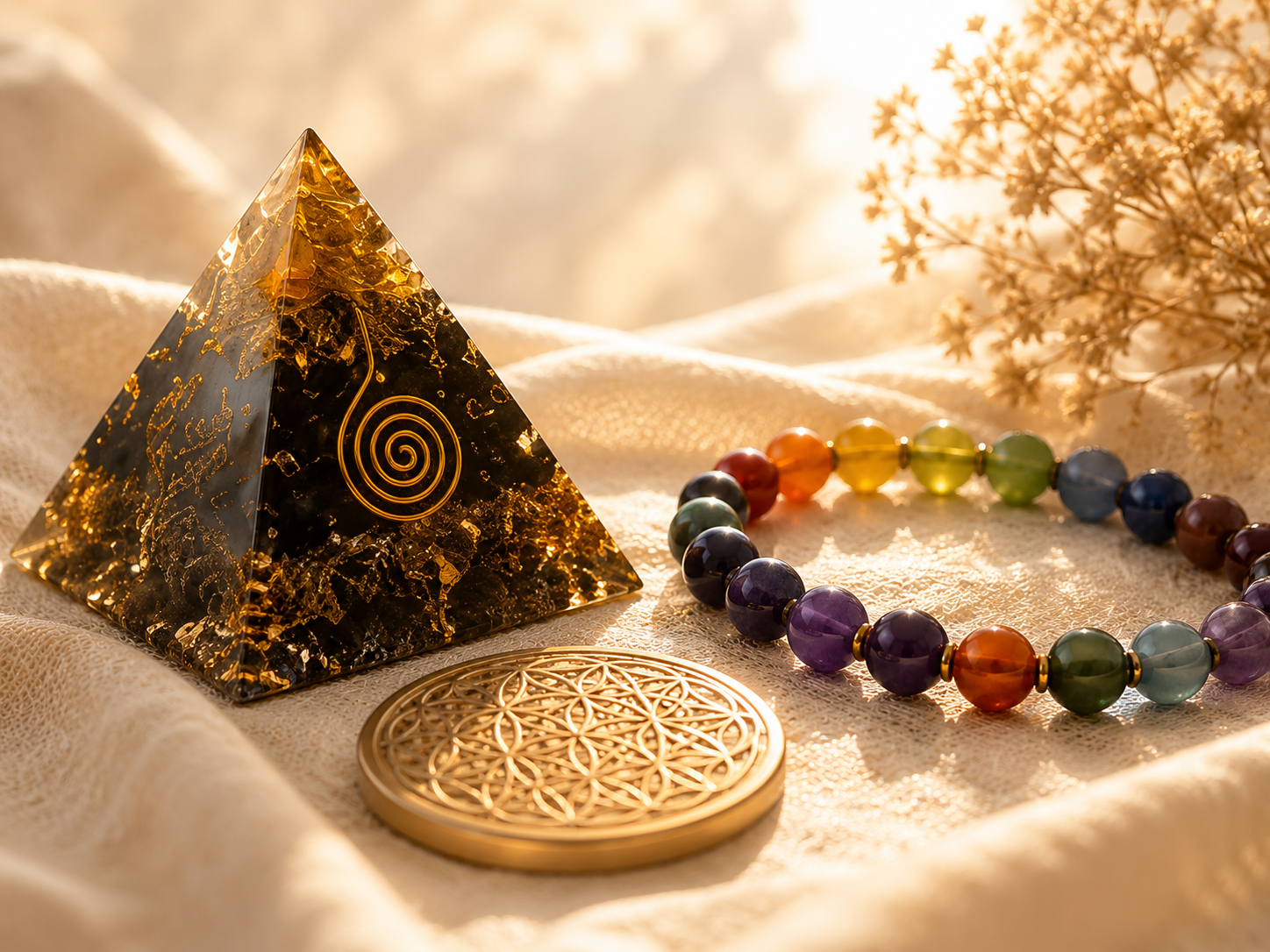 Orgonit-Pyramide und Chakra-Armband