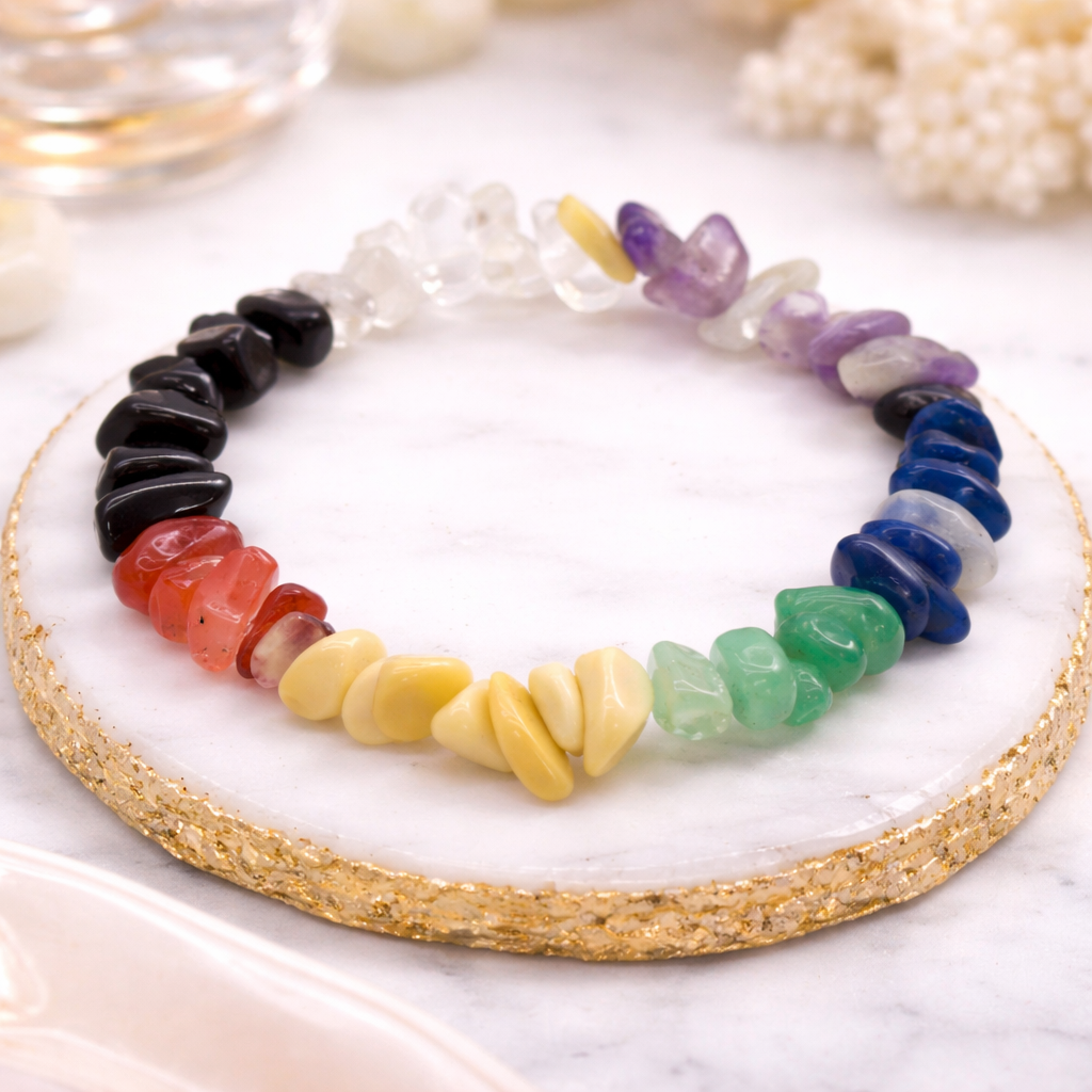 Chakra Armband mit 7 Edelsteinen auf edler Steinplatte mit goldener Umrandung
