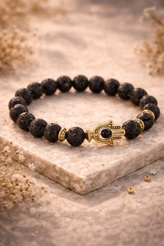 Gold Hamsa / Lava-Stein – Edelstein Armband