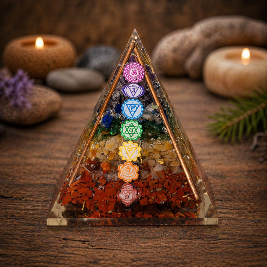 Orgonit Pyramide (7 x 6 cm) – Kupferstäbe & 7 Chakra-Steine