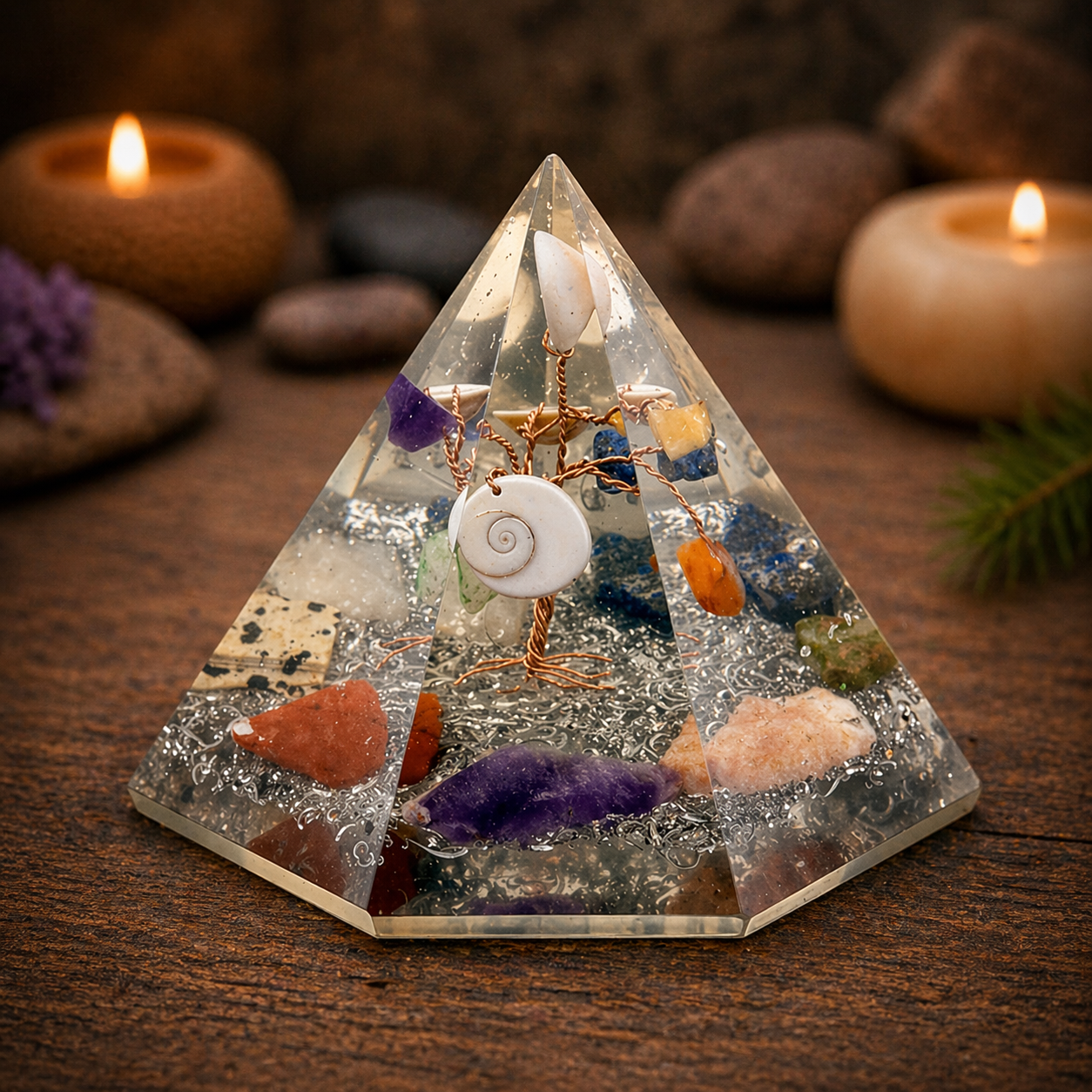 Orgonit 7-seitige Pyramide (90 mm) – Edelstein Weisheitsbaum