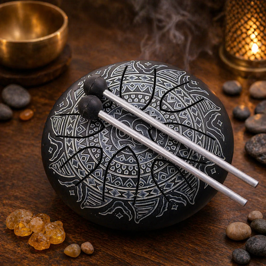 Steel Tongue Drum (16 cm) – OM Mandala Gravur – Meditationsklang-Instrument