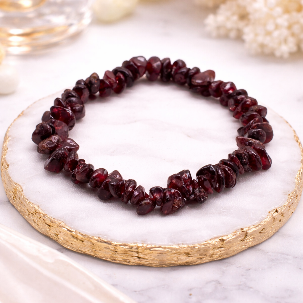 Elastisches Granat Armband aus natürlichen Edelsteinen in tiefroten Farbtönen, präsentiert auf hochwertiger Steinplatte mit goldenen Details