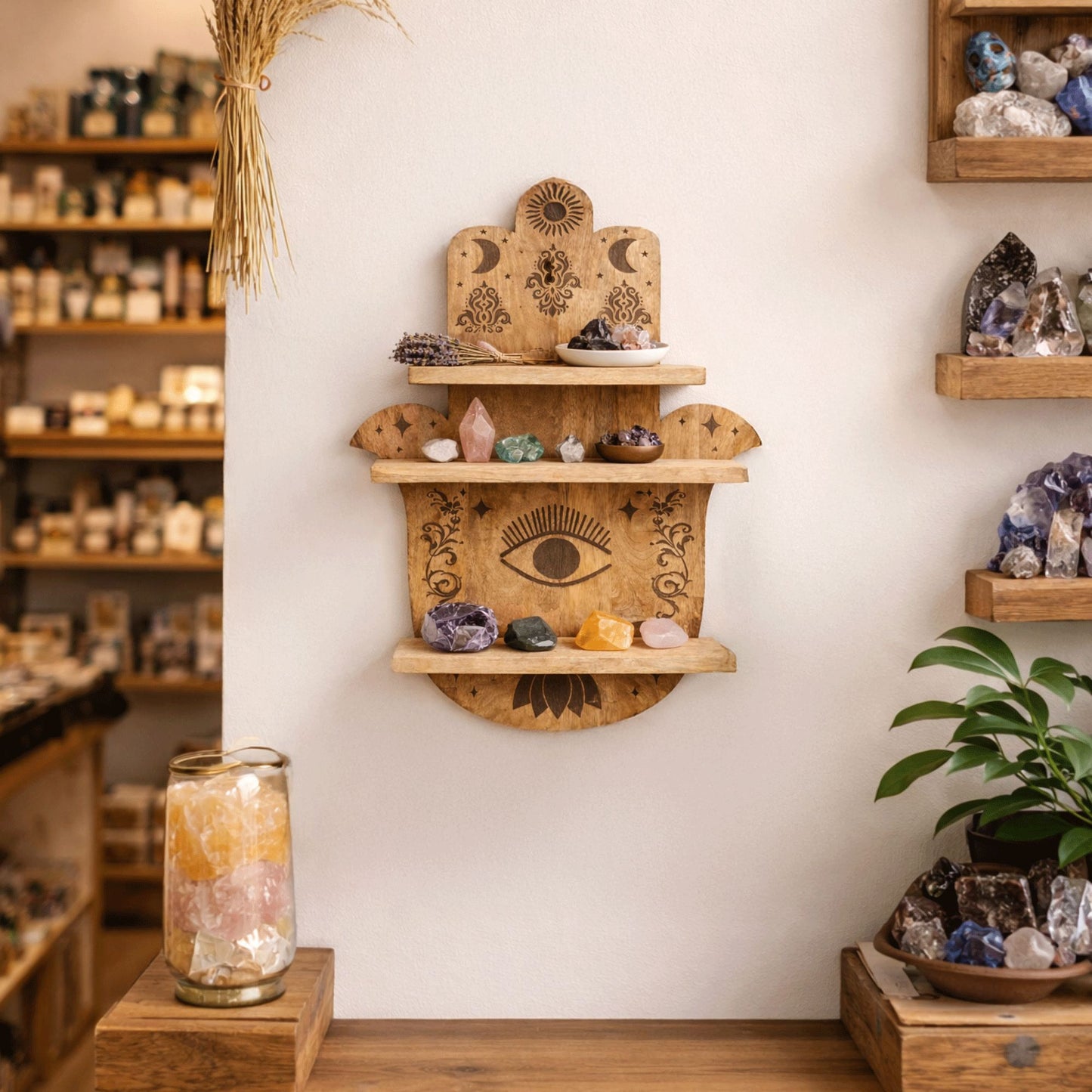 Hamsa Wandregal aus Holz – dekorative Ablage mit Schutzsymbol