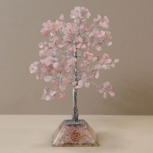 Edelsteinbaum mit Orgonit Basis – Rosenquarz für Harmonie, Ruhe und positive Energie