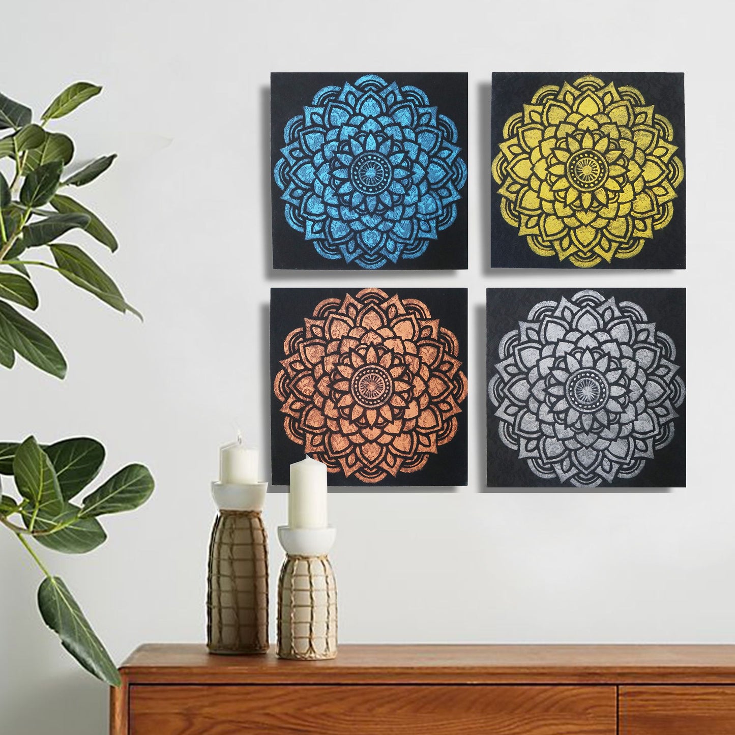 Buddha Wandbilder Set – 4 handgemalte Leinwandbilder aus Bali
