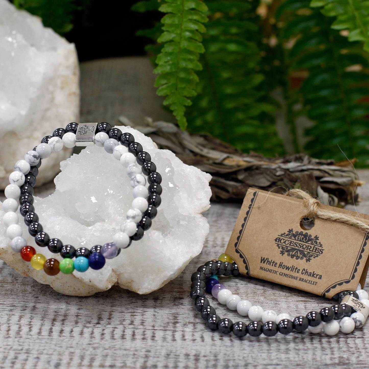 Magnetisches Edelstein Armband mit weißem Howlith & Chakra-Steinen – Harmonie für Körper und Geist