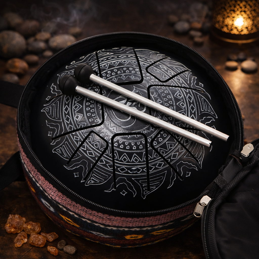 Detailaufnahme Om Mandala Gravur Steel Tongue Drum