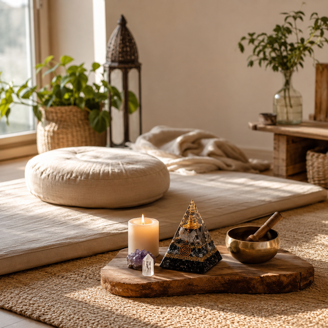 Meditationsecke mit Kerze, Kristallen, Klangschale und Orgonit