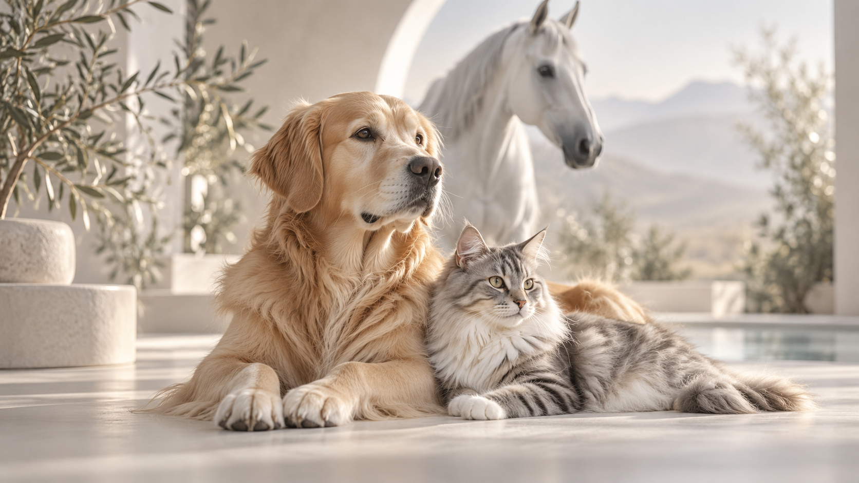 Hund, Katze und Pferd in einer hellen, naturverbundenen Umgebung